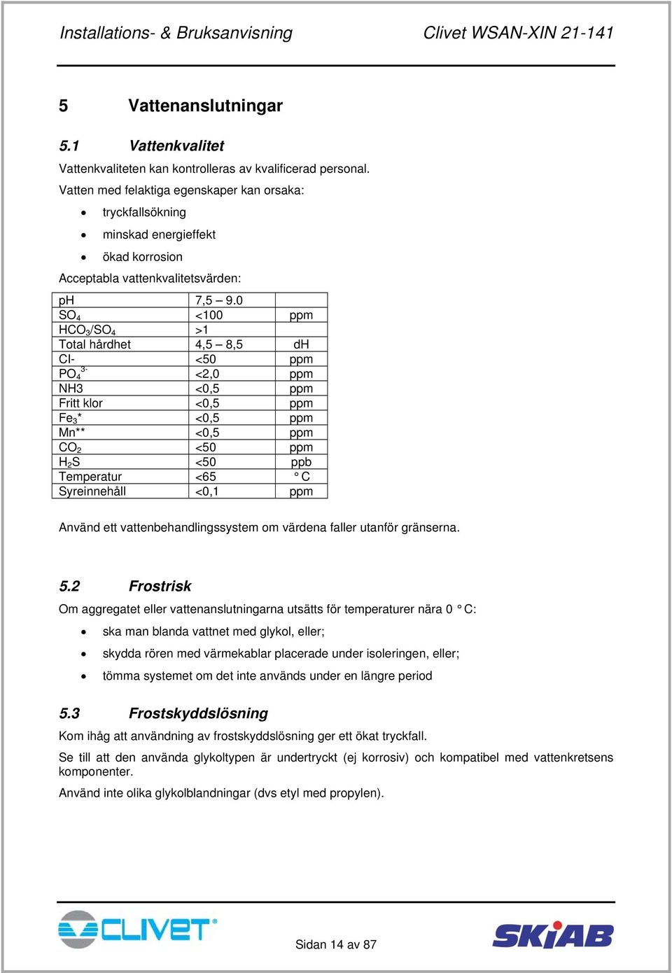 0 SO 4 <100 ppm HCO 3 /SO 4 >1 Total hårdhet 4,5 8,5 dh CI- <50 ppm 3- PO 4 <2,0 ppm NH3 <0,5 ppm Fritt klor <0,5 ppm Fe 3 * <0,5 ppm Mn** <0,5 ppm CO 2 <50 ppm H 2 S <50 ppb Temperatur <65 C