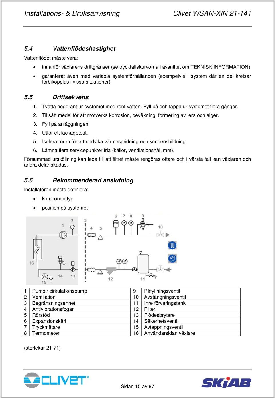 Tillsätt medel för att motverka korrosion, beväxning, formering av lera och alger. 3. Fyll på anläggningen. 4. Utför ett läckagetest. 5.