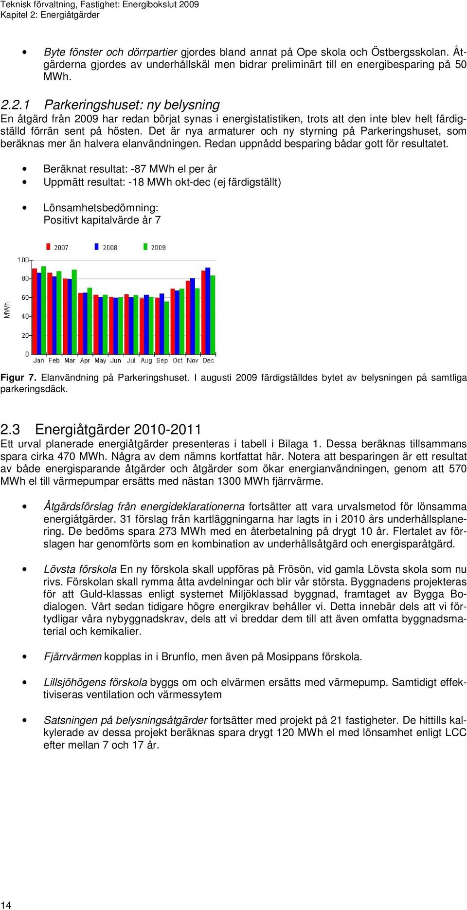 2.1 Parkeringshuset: ny belysning En åtgärd från 2009 har redan börjat synas i energistatistiken, trots att den inte blev helt färdigställd förrän sent på hösten.