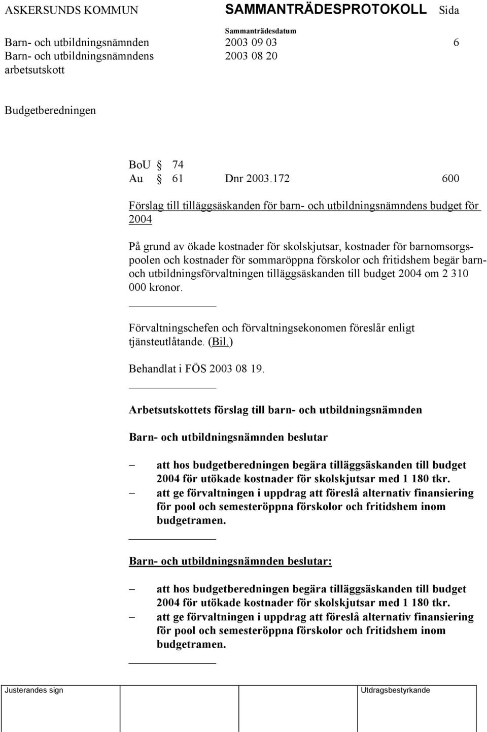 förskolor och fritidshem begär barnoch utbildningsförvaltningen tilläggsäskanden till budget 2004 om 2 310 000 kronor. Förvaltningschefen och förvaltningsekonomen föreslår enligt tjänsteutlåtande.