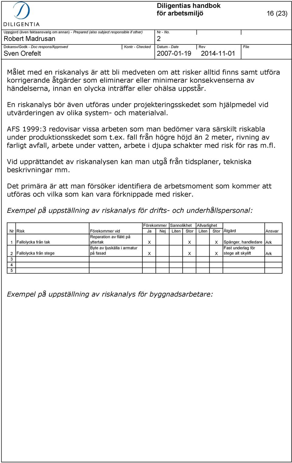 AFS 1999:3 redovisar vissa arbeten som man bedömer vara särskilt riskabla under produktionsskedet som t.ex.