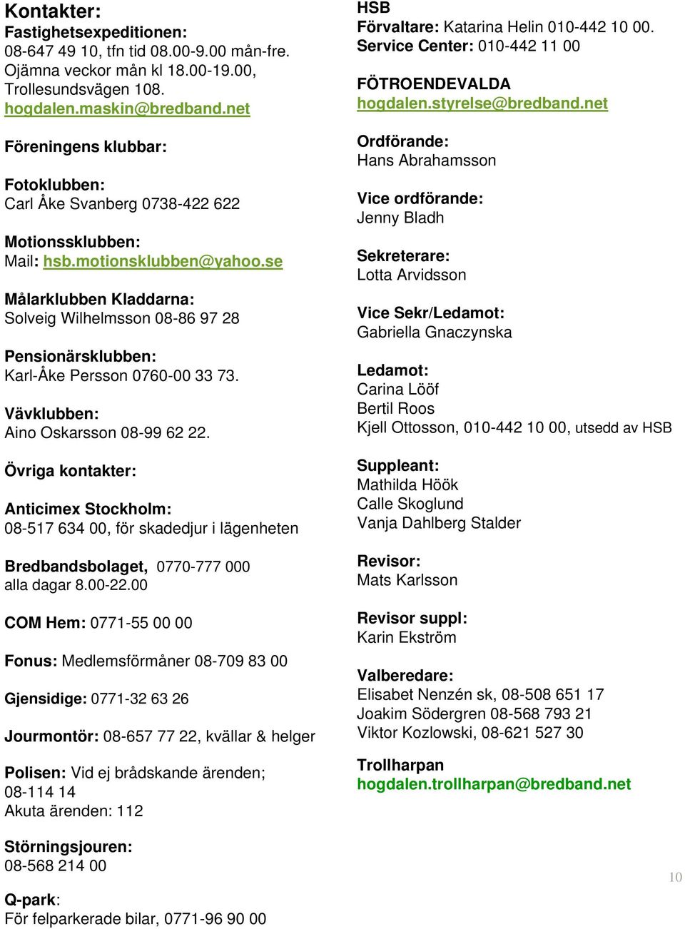 se Målarklubben Kladdarna: Solveig Wilhelmsson 08-86 97 28 Pensionärsklubben: Karl-Åke Persson 0760-00 33 73. Vävklubben: Aino Oskarsson 08-99 62 22.