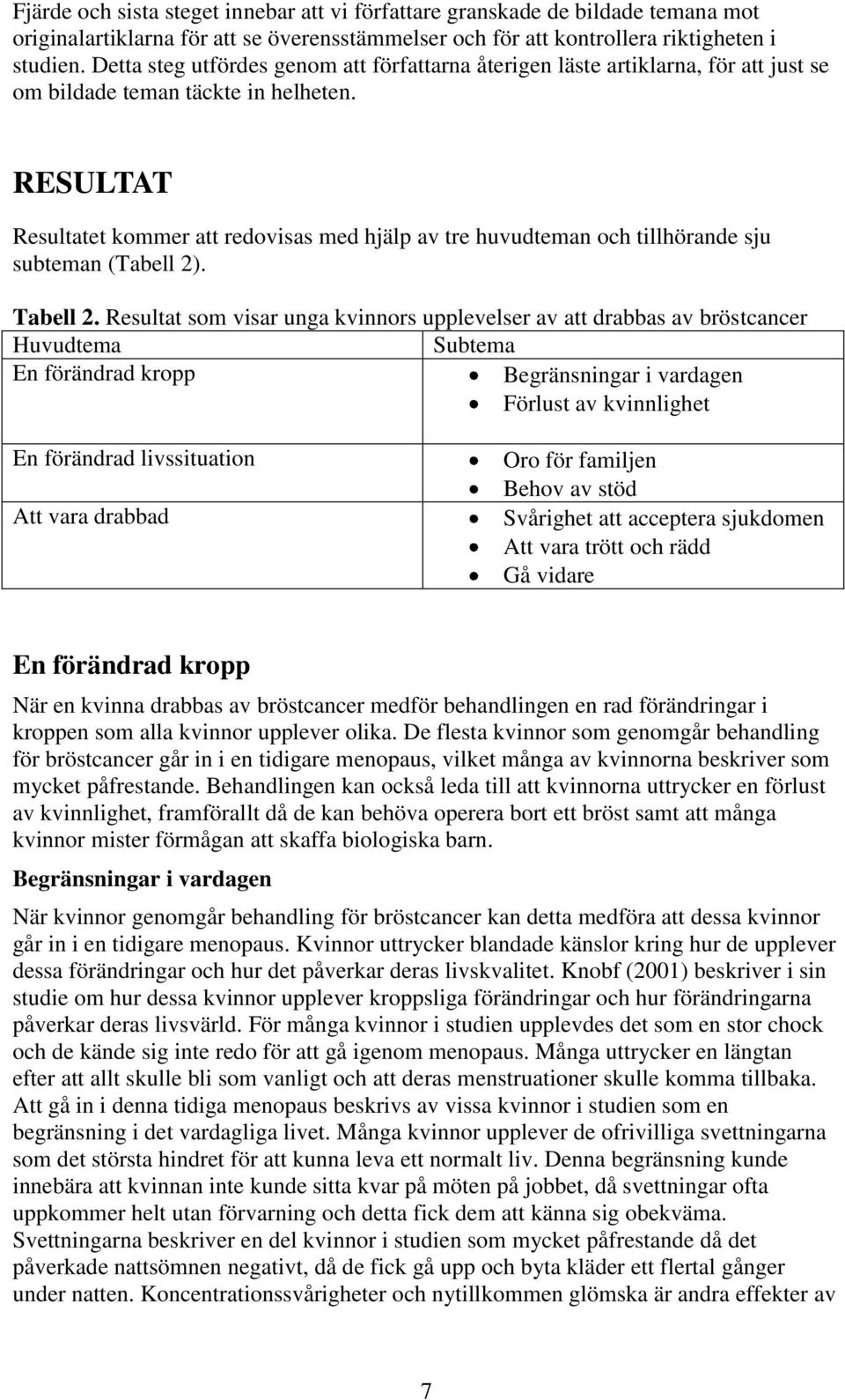 RESULTAT Resultatet kommer att redovisas med hjälp av tre huvudteman och tillhörande sju subteman (Tabell 2). Tabell 2.