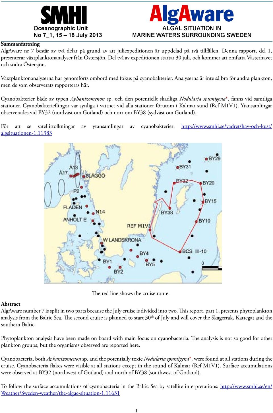 Växtplanktonanalyserna har genomförts ombord med fokus på cyanobakterier. Analyserna är inte så bra för andra plankton, men de som observerats rapporteras här.