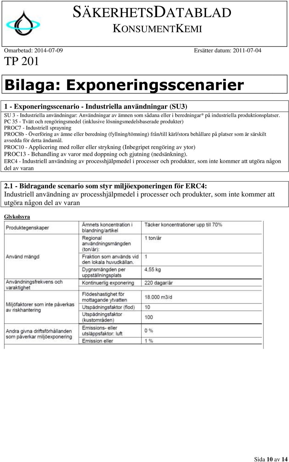 PC 35 - Tvätt och rengöringsmedel (inklusive lösningsmedelsbaserade produkter) PROC7 - Industriell sprayning PROC8b - Överföring av ämne eller beredning (fyllning/tömning) från/till kärl/stora