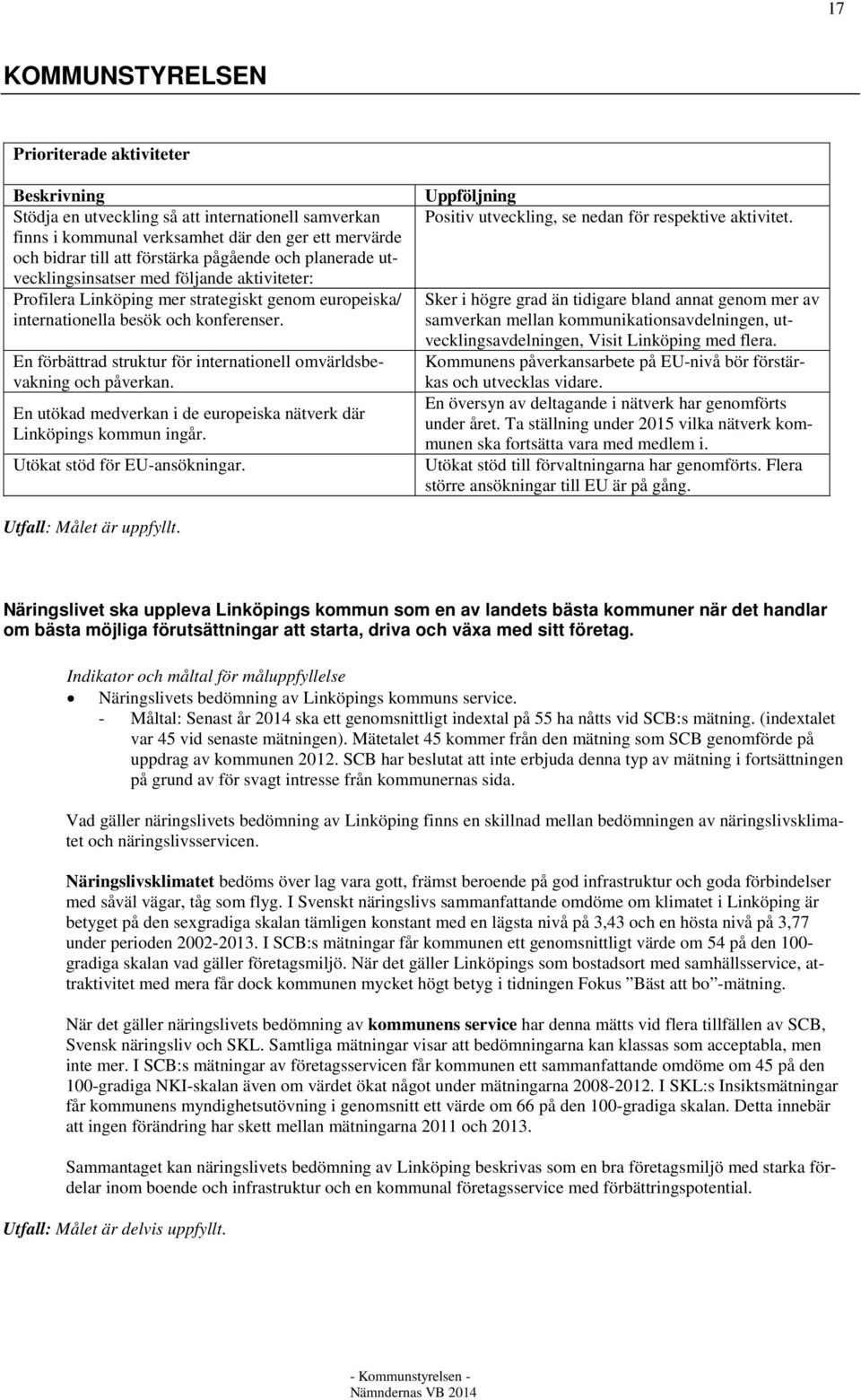 En förbättrad struktur för internationell omvärldsbevakning och påverkan. En utökad medverkan i de europeiska nätverk där Linköpings kommun ingår. Utökat stöd för EU-ansökningar.