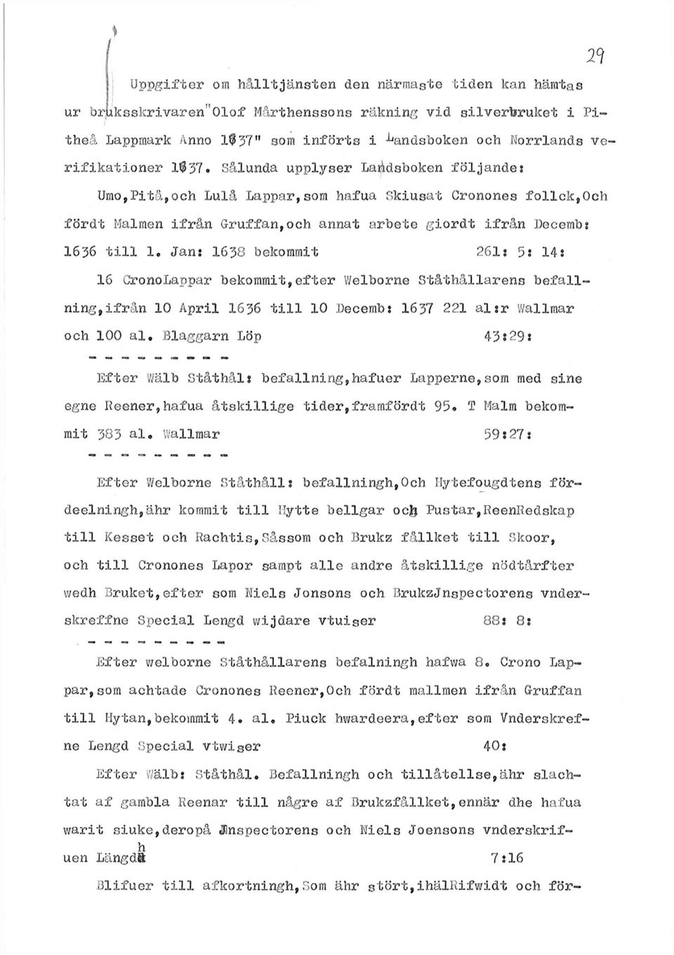 Umo,Pitä,och Lulå Lappar,som hafua Skiusat Cronones follck,oeh fördt Malmen ifrån Gruffan,och annat arbete giordt ifrån Decemb: 1636 till lo Jan: 1638 bekommit 261: 5: 14: 16 CronoLappar bekommit,