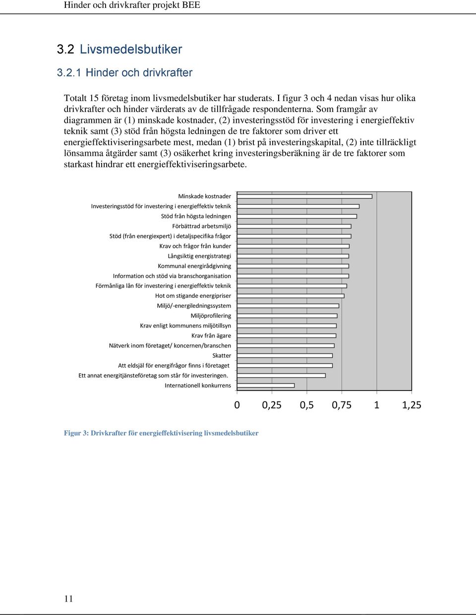 Som framgår av diagrammen är (1) minskade kostnader, (2) investeringsstöd för investering i energieffektiv teknik samt (3) stöd från högsta ledningen de tre faktorer som driver ett