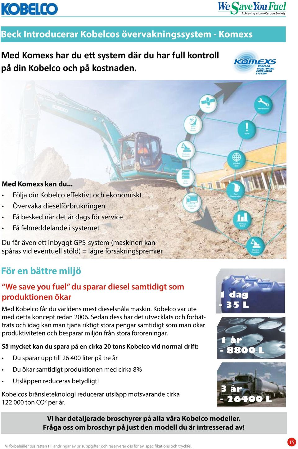 vid eventuell stöld) = lägre försäkringspremier För en bättre miljö We save you fuel du sparar diesel samtidigt som produktionen ökar Med Kobelco får du världens mest dieselsnåla maskin.