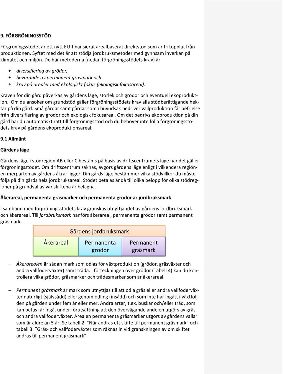 De här metoderna (nedan förgröningsstödets krav) är diversifiering av grödor, bevarande av permanent gräsmark och krav på arealer med ekologiskt fokus (ekologisk fokusareal).