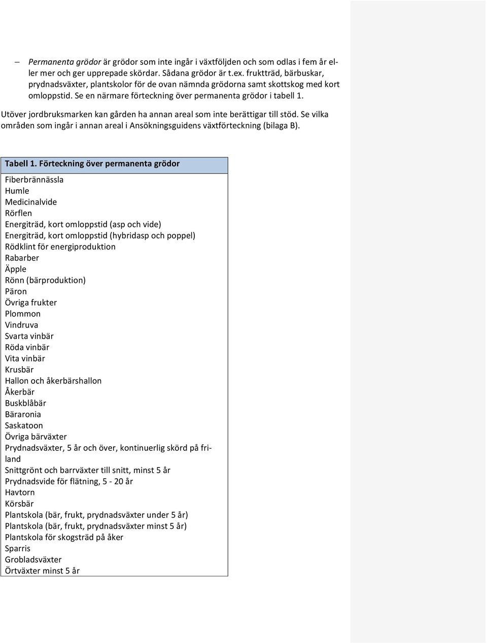 Utöver jordbruksmarken kan gården ha annan areal som inte berättigar till stöd. Se vilka områden som ingår i annan areal i Ansökningsguidens växtförteckning (bilaga B). Tabell 1.