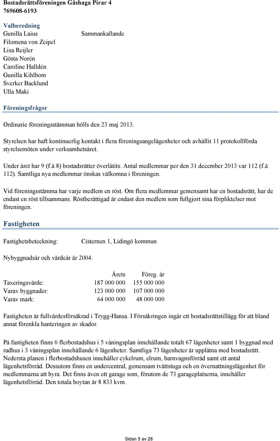 å 8) bostadsrätter överlåtits. Antal medlemmar per den 31 december 2013 var 112 (f.å 112). Samtliga nya medlemmar önskas välkomna i föreningen. Vid föreningsstämma har varje medlem en röst.