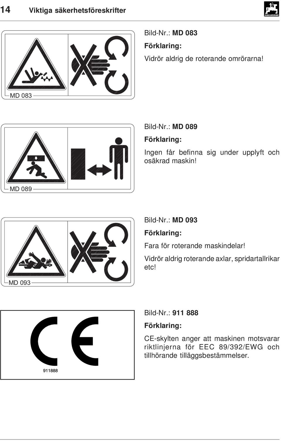 : MD 093 Förklaring: Fara för roterande maskindelar! Vidrör aldrig roterande axlar, spridartallrikar etc!