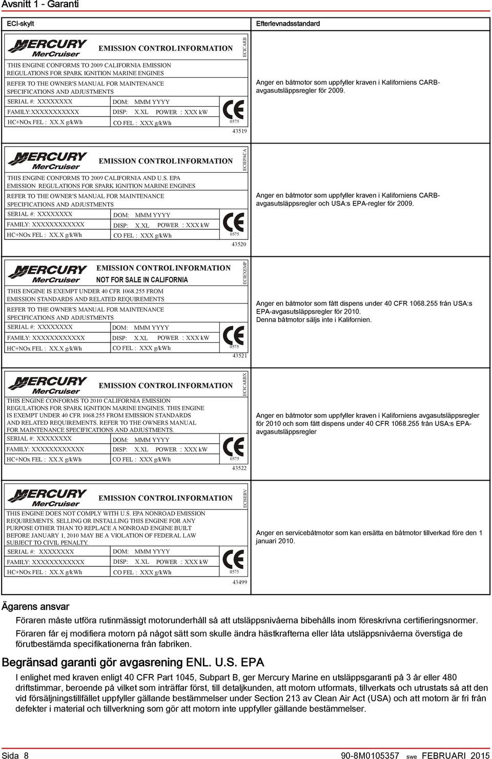 XL POWER CO FEL : XXX g/kwh : XXX kw 0575 43519 Anger en åtmotor som uppfyller krven i Kliforniens CARBvgsutsläppsregler för 2009.