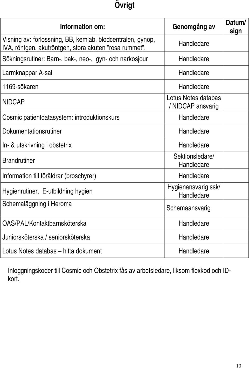 obstetrix Brandrutiner Information till föräldrar (broschyrer) Hygienrutiner, E-utbildning hygien Schemaläggning i Heroma OAS/PAL/Kontaktbarnsköterska Juniorsköterska / seniorsköterska