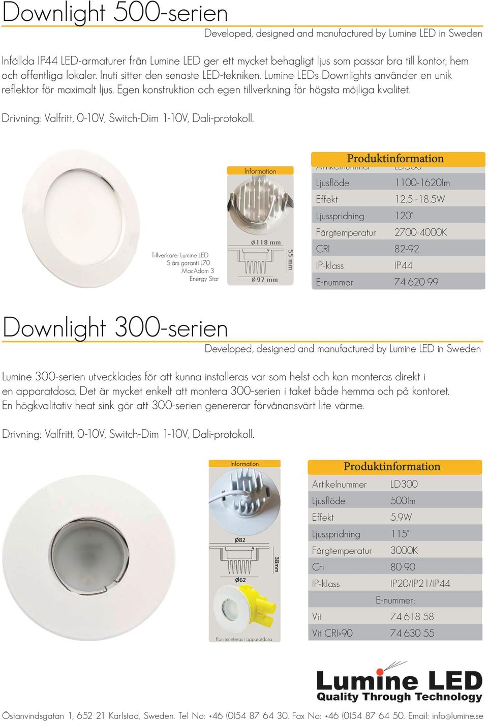 Tillverkare: Lumine LED 5 års garanti L70 MacAdam 3 Energy Star Information Artikelnummer LD500 Ljusflöde 1100-1620lm 12,5-18,5W Ljusspridning 120 Färgtemperatur 2700-4000K CRI 82-92 IP44 E-nummer 74