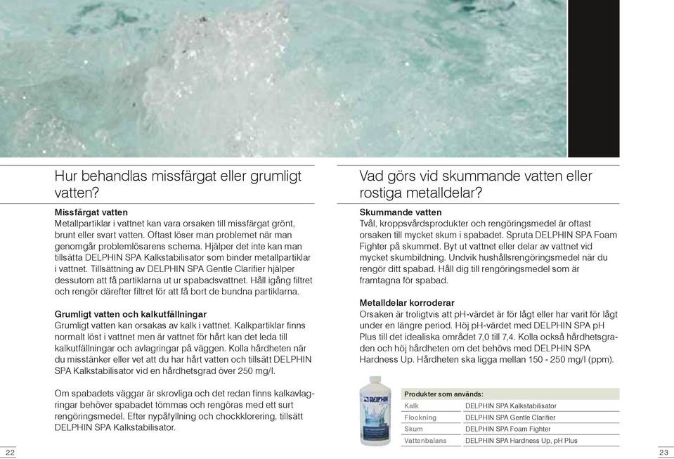 Tillsättning av DELPHIN SPA Gentle Clarifier hjälper dessutom att få partiklarna ut ur spabadsvattnet. Håll igång filtret och rengör därefter filtret för att få bort de bundna partiklarna.