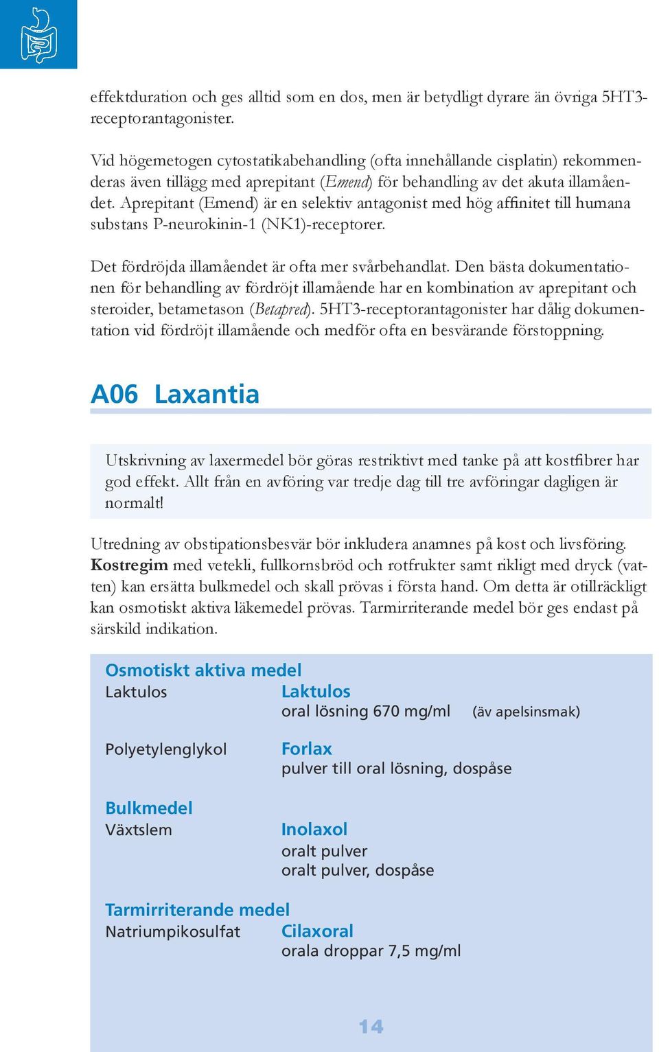 Aprepitant (Emend) är en selektiv antagonist med hög affinitet till humana substans P-neurokinin-1 (NK1)-receptorer. Det fördröjda illamåendet är ofta mer svårbehandlat.