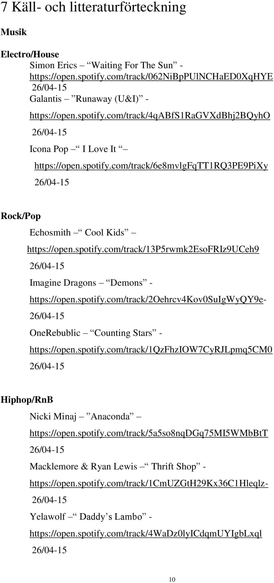 spotify.com/track/1qzfhziow7cyrjlpmq5cm0 26/04-15 Hiphop/RnB Nicki Minaj Anaconda https://open.spotify.com/track/5a5so8nqdgq75mi5wmbbtt 26/04-15 Macklemore & Ryan Lewis Thrift Shop - https://open.