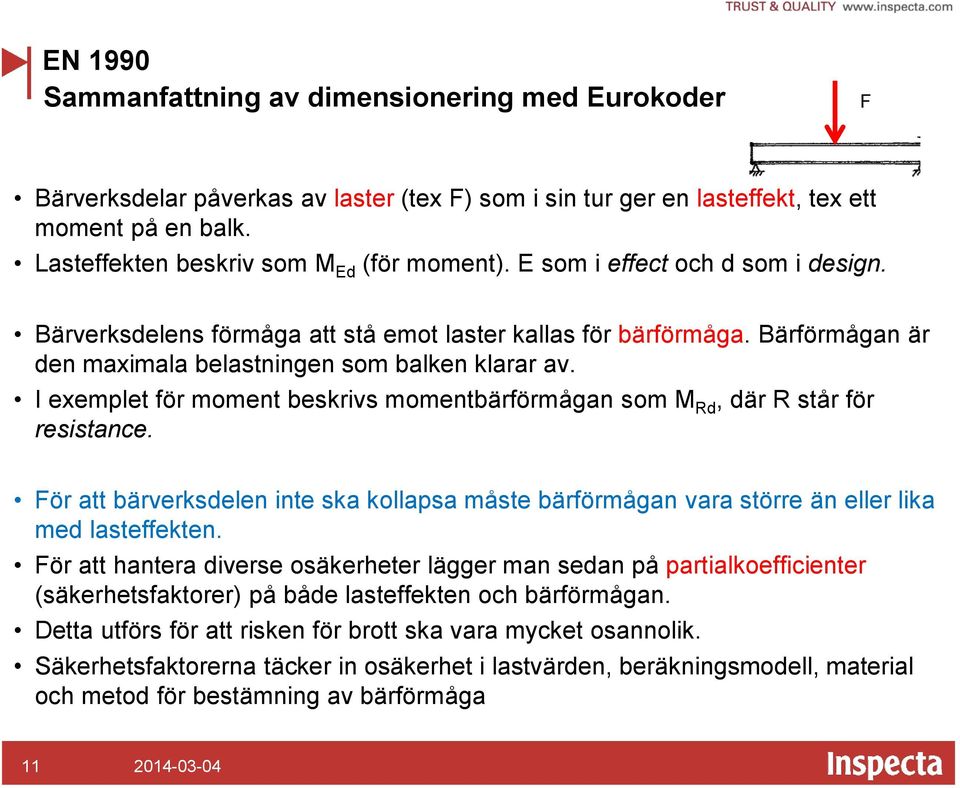 Bärförmågan är den maximala belastningen som balken klarar av. I exemplet för moment beskrivs momentbärförmågan som M Rd, där R står för resistance.