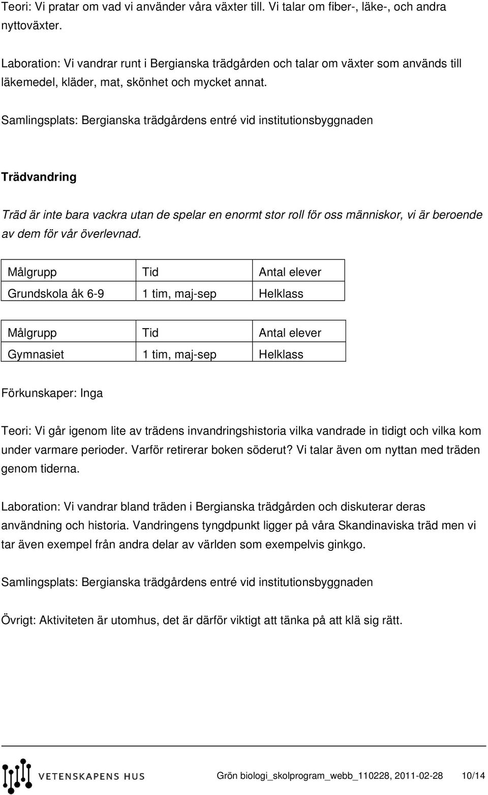 Samlingsplats: Bergianska trädgårdens entré vid institutionsbyggnaden Trädvandring Träd är inte bara vackra utan de spelar en enormt stor roll för oss människor, vi är beroende av dem för vår