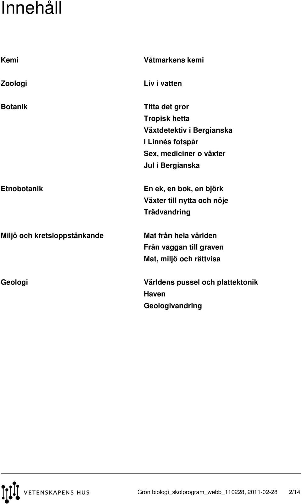 nöje Trädvandring Miljö och kretsloppstänkande Mat från hela världen Från vaggan till graven Mat, miljö och