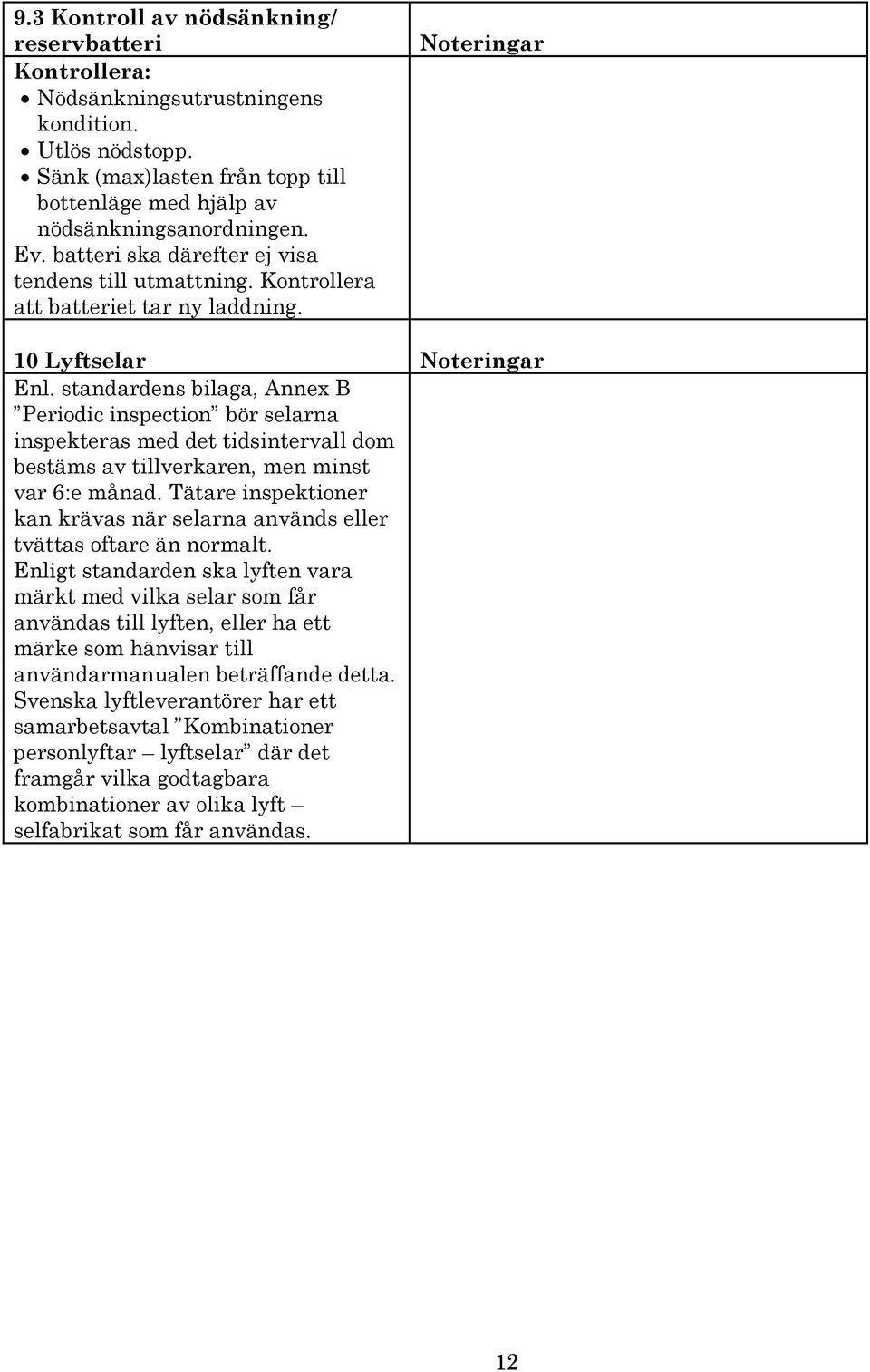 standardens bilaga, Annex B Periodic inspection bör selarna inspekteras med det tidsintervall dom bestäms av tillverkaren, men minst var 6:e månad.