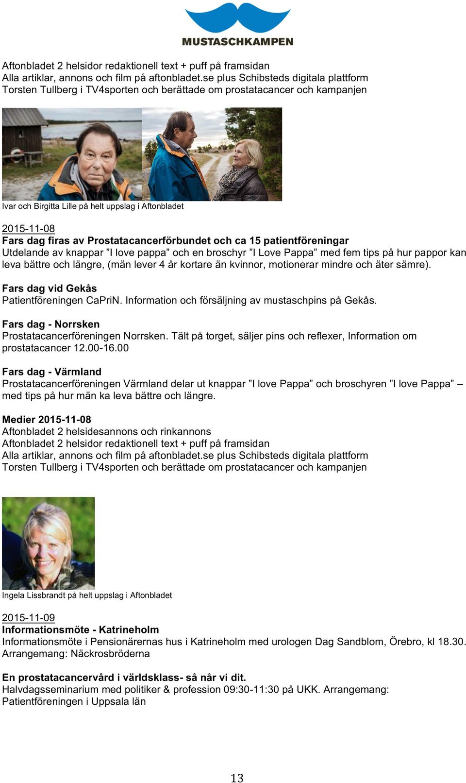 Prostatacancerförbundet och ca 15 patientföreningar Utdelande av knappar I love pappa och en broschyr I Love Pappa med fem tips på hur pappor kan leva bättre och längre, (män lever 4 år kortare än