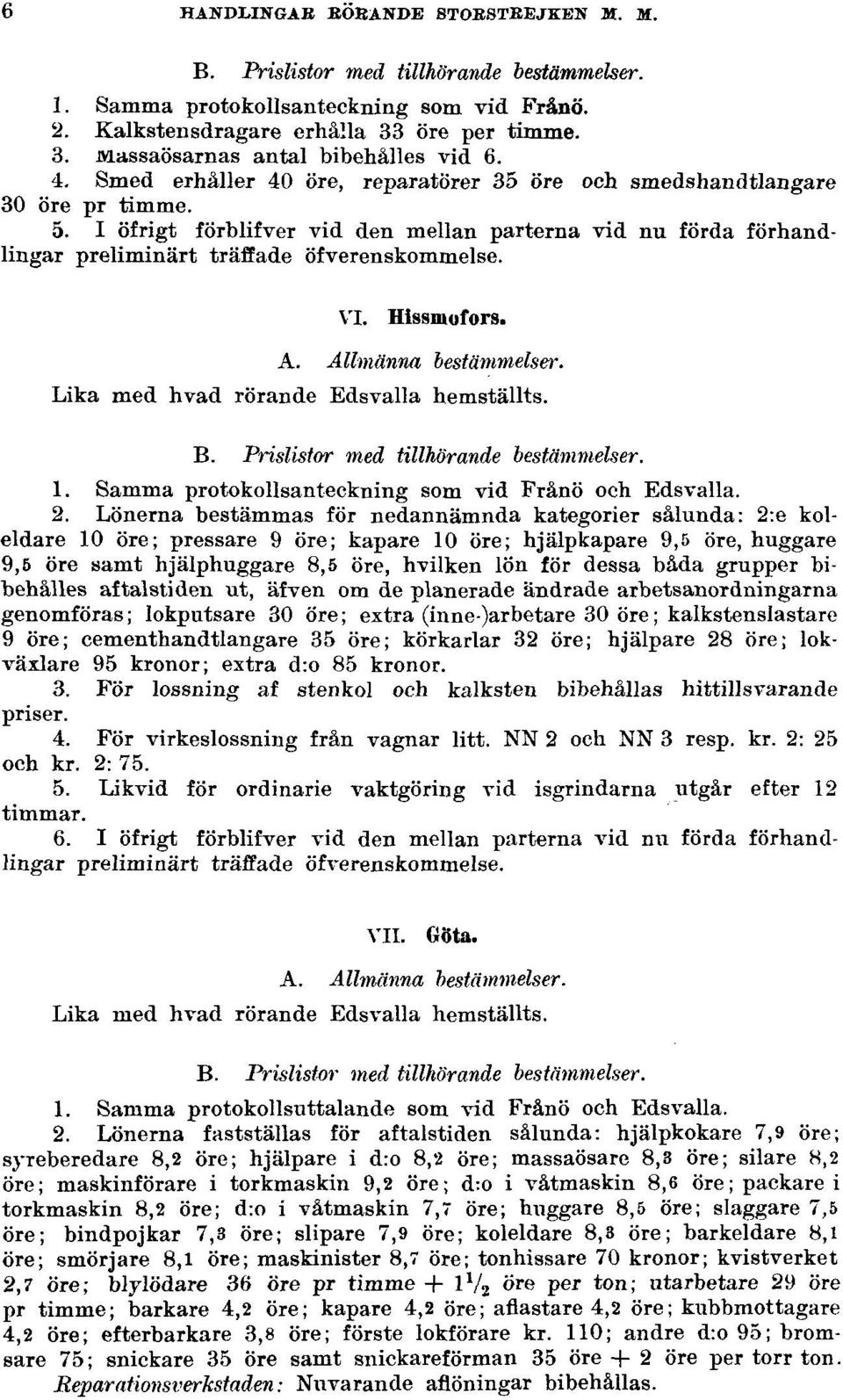 Hissmofors. A. Allmänna bestämmelser. Lika med hvad rörande Edsvalla hemställts. B. Prislistor med tillhörande bestämmelser. 1. Samma protokollsanteckning som vid Frånö och Edsvalla. 2.