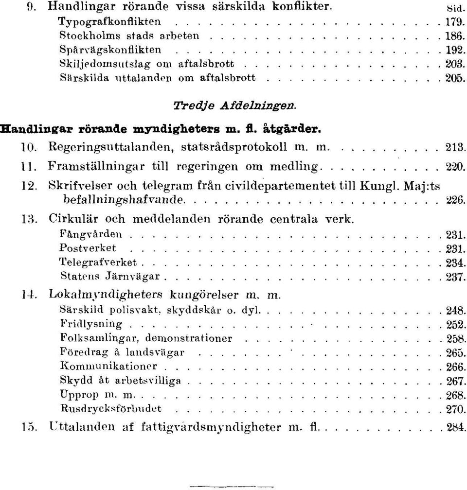 Framställningar till regeringen om medling 220. 12. Skrifvelser och telegram från civildepartementet till Kungl. Maj:ts befallningshafvande 226. 13. Cirkulär och meddelanden rörande centrala verk.