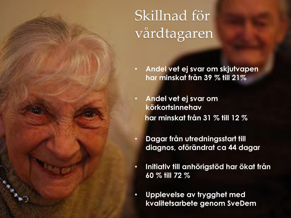 utredningsstart till diagnos har ökat från 44 till 48 dagar Initiativ Dagar till från anhörigstöd utredningsstart har ökat till från 60 diagnos, % till 66 oförändrat %