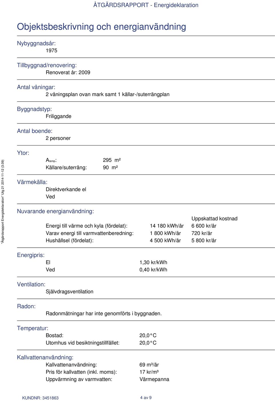 09) Ytor: Atemp: 295 m² Källare/suterräng: 90 m² Värmekälla: Direktverkande el Ved Nuvarande energianvändning: Uppskattad kostnad Energi till värme och kyla (fördelat): 14 180 /år 6 600 kr/år Varav