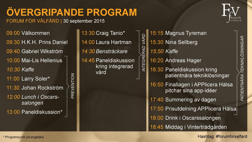 Lunch i Oscarssalongen Paneldiskussion* 14:45 Paneldiskussion kring integrerad vård 16:20 16:30 16:50 17:40 17:50 18:00 Andreas Hager Paneldiskussion kring patientnära tekniklösningar