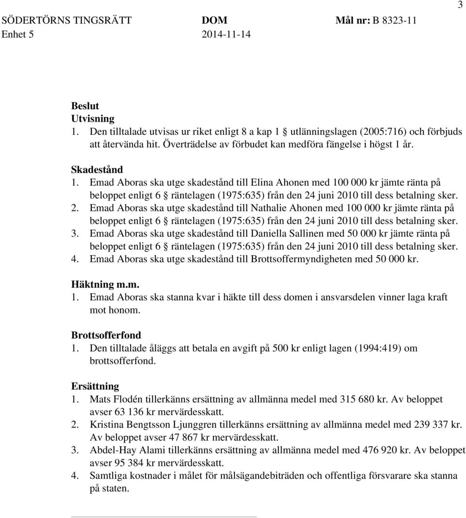 juni 2010 till dess betalning sker. 2. Emad Aboras ska utge skadestånd till Nathalie Ahonen med 100 000 kr jämte ränta på beloppet enligt 6 räntelagen (1975:635) från den 24 juni 2010 till dess betalning sker.