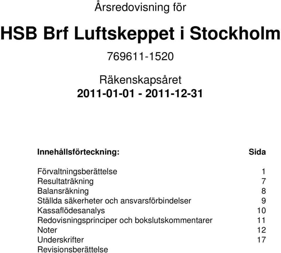 Resultaträkning 7 Balansräkning 8 Ställda säkerheter och ansvarsförbindelser 9