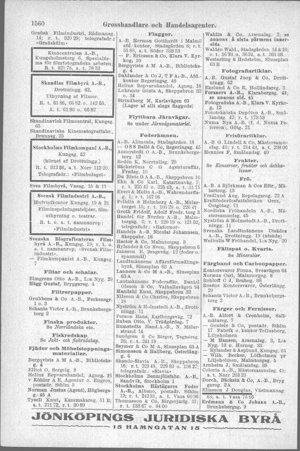 44 hamnstorg 49 Nilson O, Götg. 11; r. t. 23157 Hudar., Nygren & Larson;. Regeringsg. 99 Se Läder, hudar och skinn.. Rilgheimer & Beckers A.-B., Schee-. leg. 18 Husgerådsartiklar.