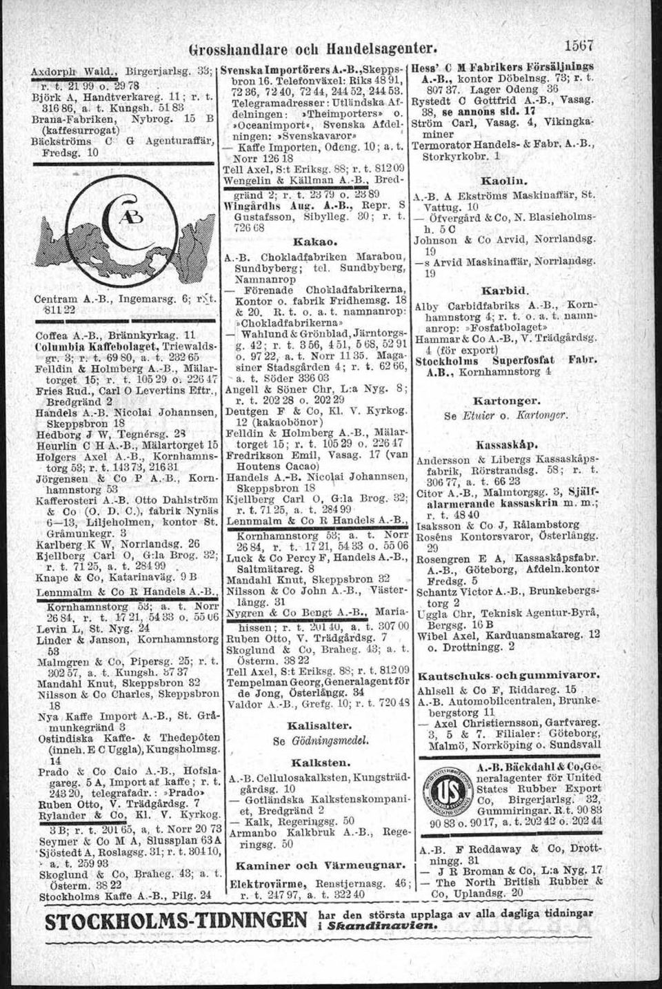 .', Grosshall~lar~ ock Handelsagenter. / A.-B. Sanner & Block, Hancltvert: kareg. 11 -Andrens E Partilager. Mästersamuelsg. 45B Asklund & 'Oo Sven, Majorsg. 9,Axen G, Västerlångg.