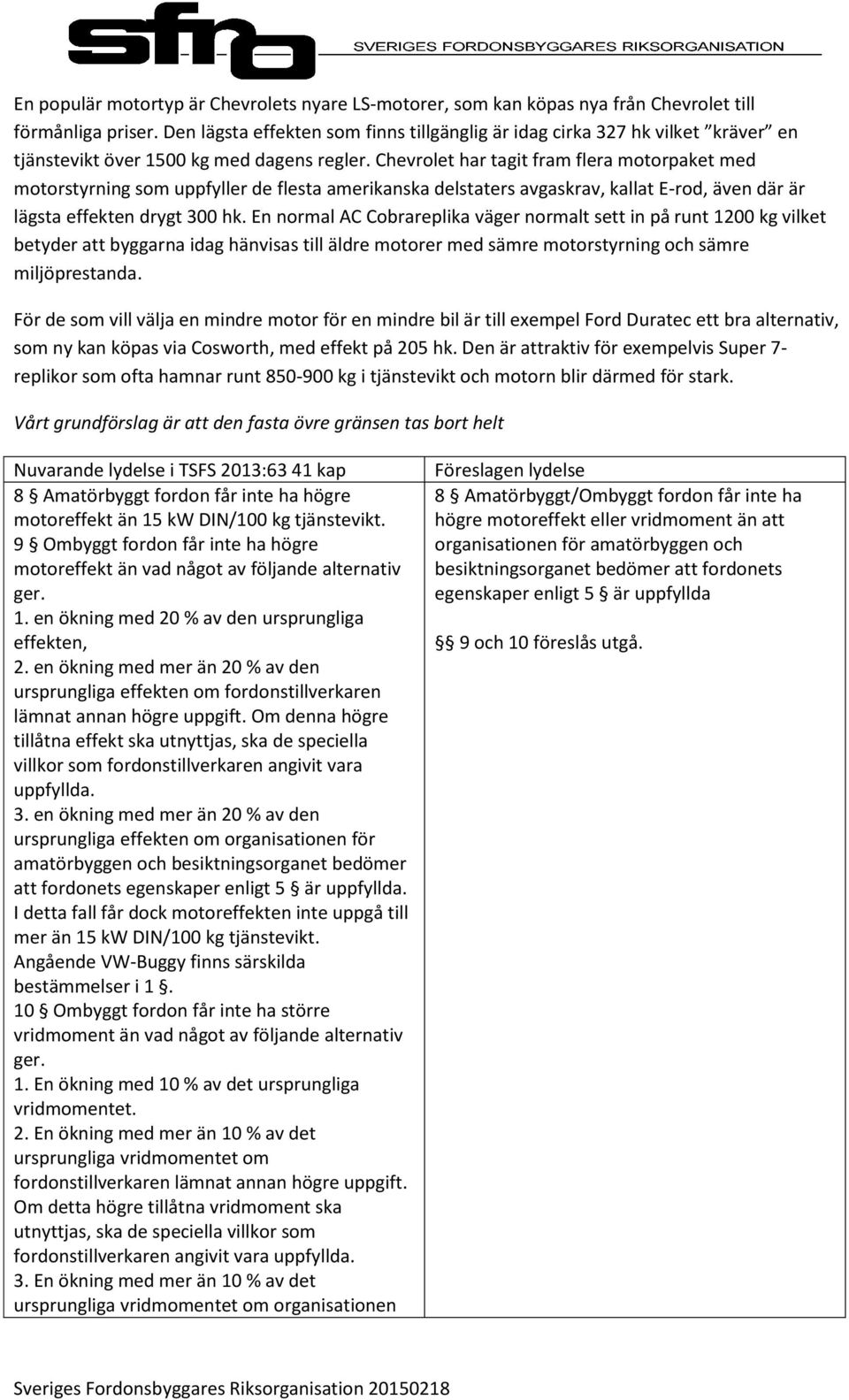 Chevrolet har tagit fram flera motorpaket med motorstyrning som uppfyller de flesta amerikanska delstaters avgaskrav, kallat E-rod, även där är lägsta effekten drygt 300 hk.