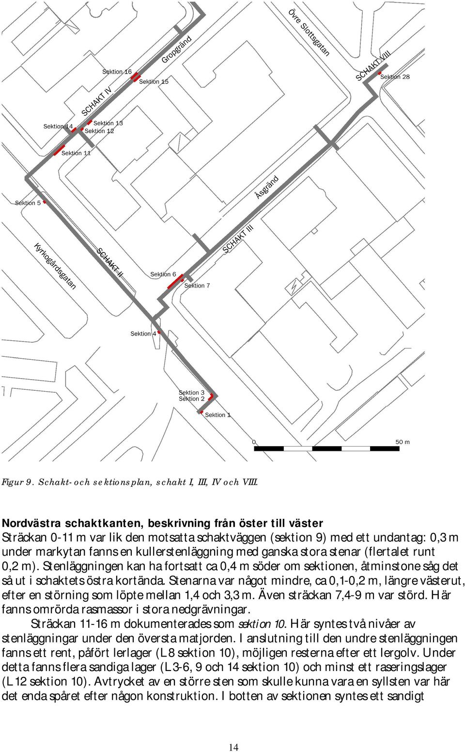 stora stenar (flertalet runt 0,2 m). Stenläggningen kan ha fortsatt ca 0,4 m söder om sektionen, åtminstone såg det så ut i schaktets östra kortända.