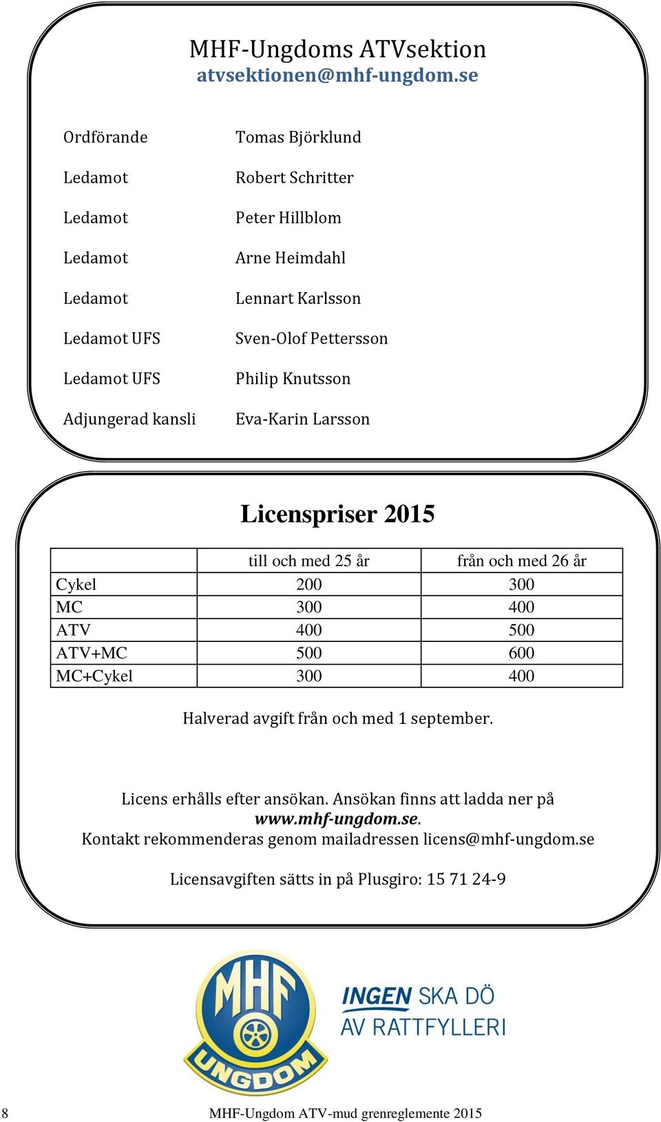 Sven-Olof Pettersson Philip Knutsson Eva-Karin Larsson Licenspriser 2015 till och med 25 år från och med 26 år Cykel 200 300 MC 300 400 ATV 400 500 ATV+MC 500 600