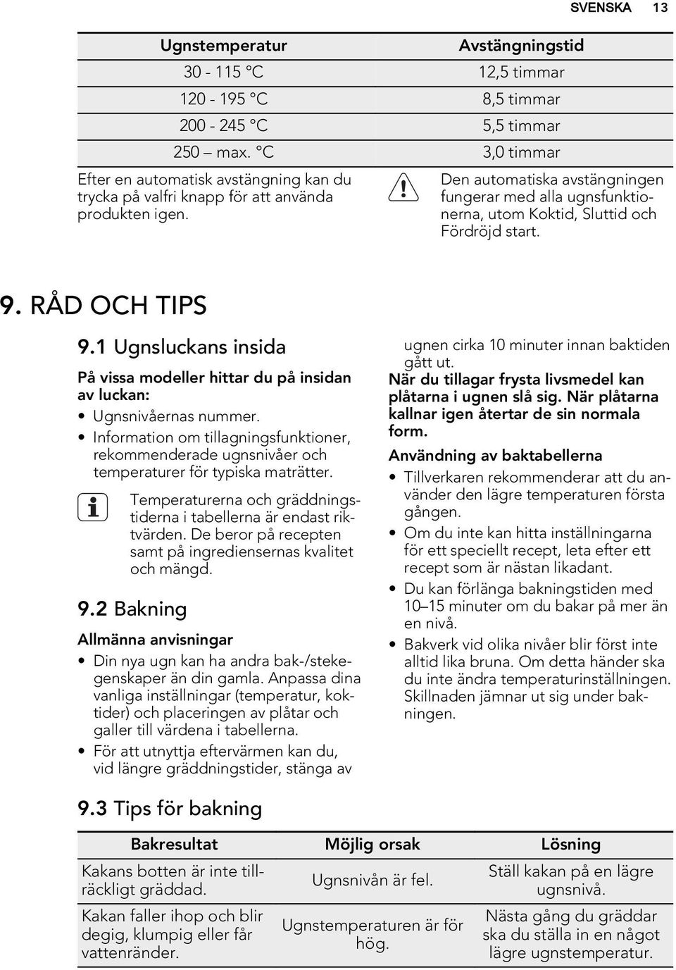 SVENSKA 13 Den automatiska avstängningen fungerar med alla ugnsfunktionerna, utom Koktid, Sluttid och Fördröjd start. 9. RÅD OCH TIPS 9.