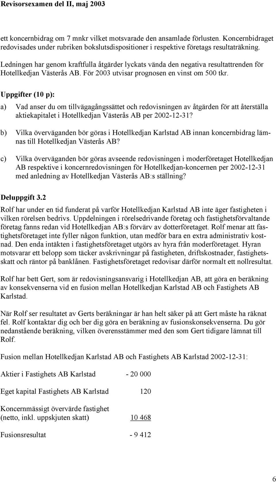 Uppgifter (10 p): a) Vad anser du om tillvägagångssättet och redovisningen av åtgärden för att återställa aktiekapitalet i Hotellkedjan Västerås AB per 2002-12-31?