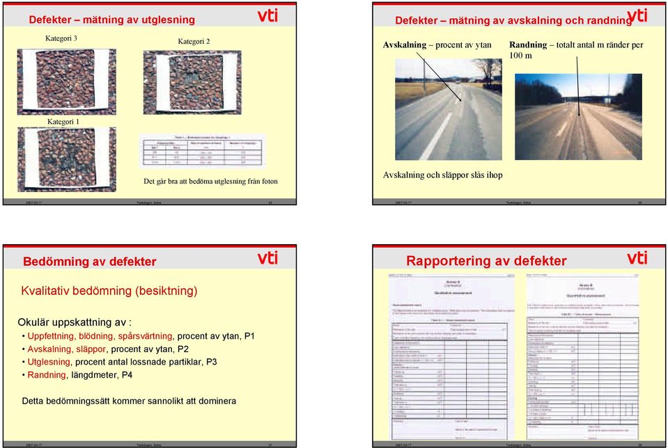 defekter Kvalitativ bedömning (besiktning) Okulär uppskattning av : Uppfettning, blödning, spårsvärtning, procent av ytan, P1 Avskalning, släppor, procent av ytan, P2