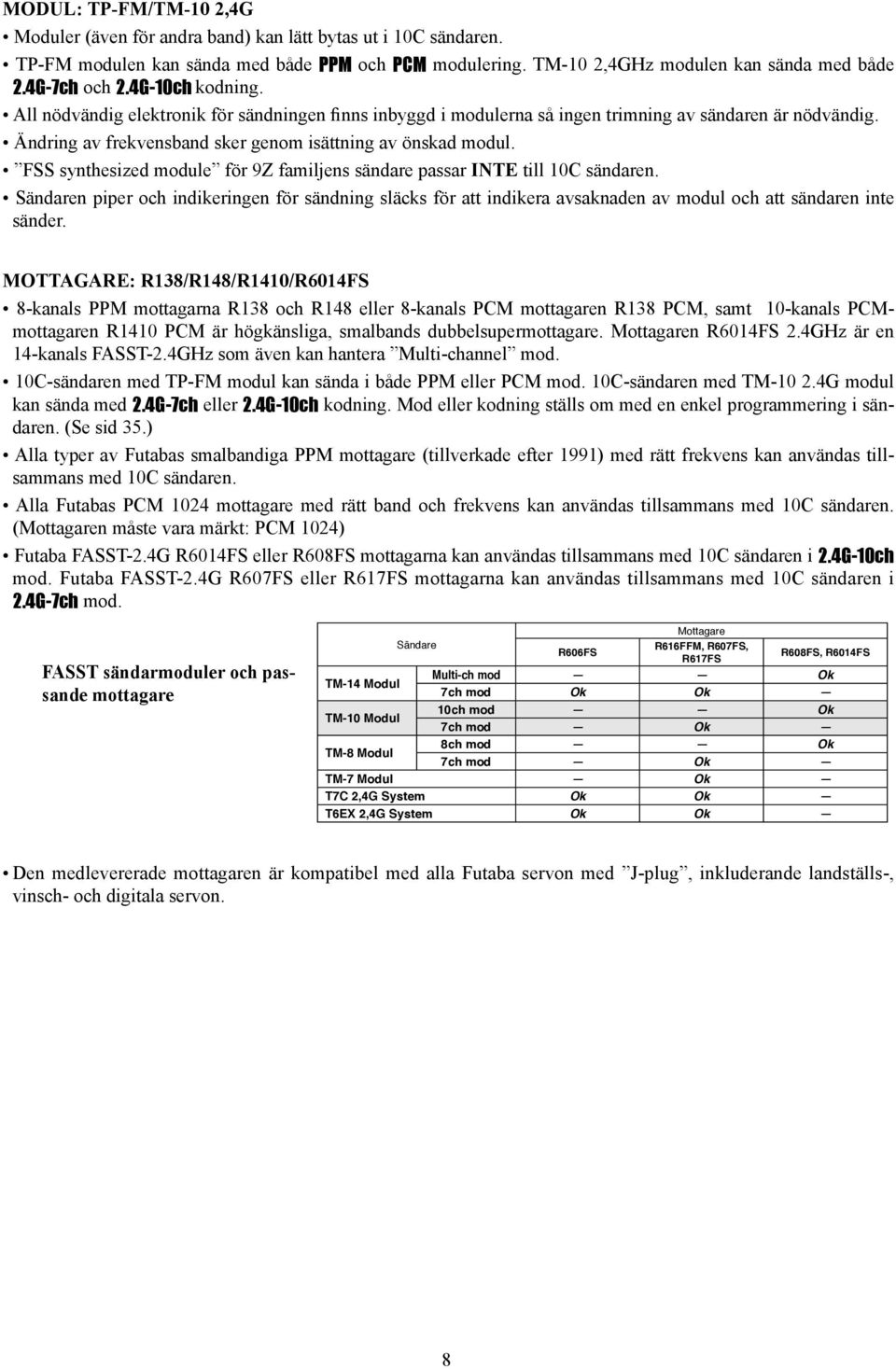 FSS synthesized module för 9Z familjens sändare passar INTE till 10 sändaren. Sändaren piper och indikeringen för sändning släcks för att indikera avsaknaden av modul och att sändaren inte sänder.