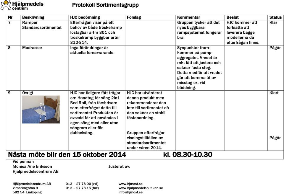 sängram eller för dubbelsäng. HJC har utvärderat denna produkt men rekommenderar den inte till sortimentet då den saknar en stabil fästanordning.