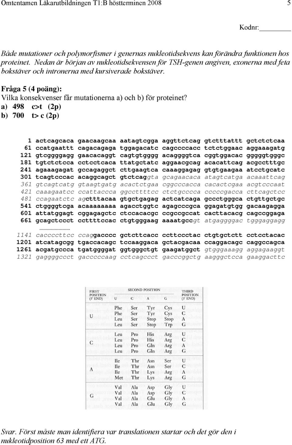 Fråga 5 (4 poäng): Vilka konsekvenser får mutationerna a) och b) för proteinet?