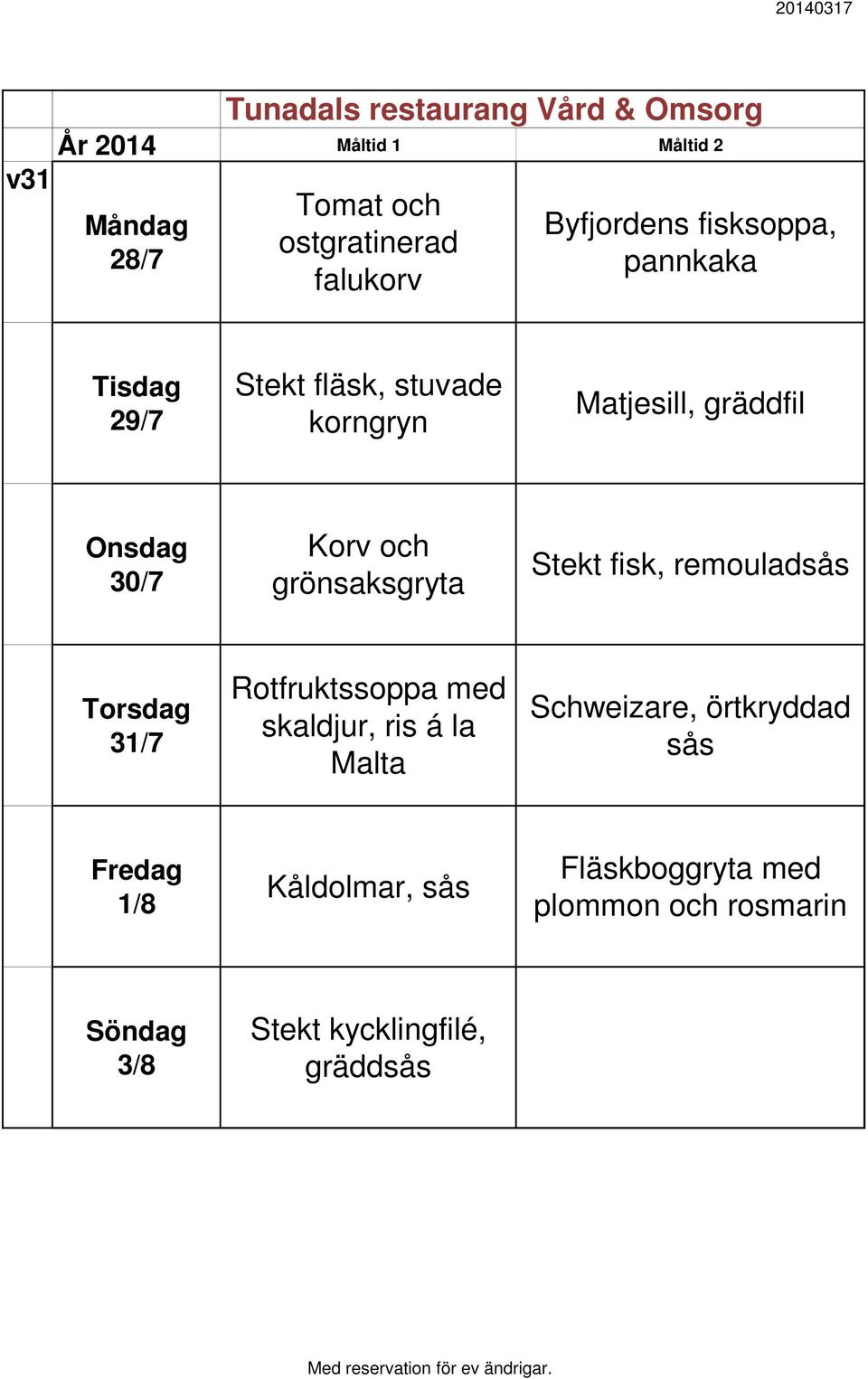 remouladsås 31/7 Rotfruktssoppa med skaldjur, ris á la Malta Schweizare, örtkryddad