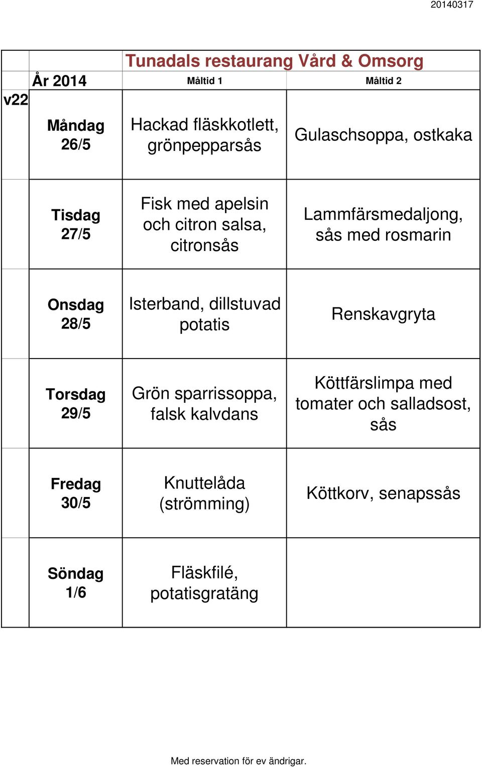 potatis Renskavgryta 29/5 Grön sparrissoppa, falsk kalvdans Köttfärslimpa med tomater och