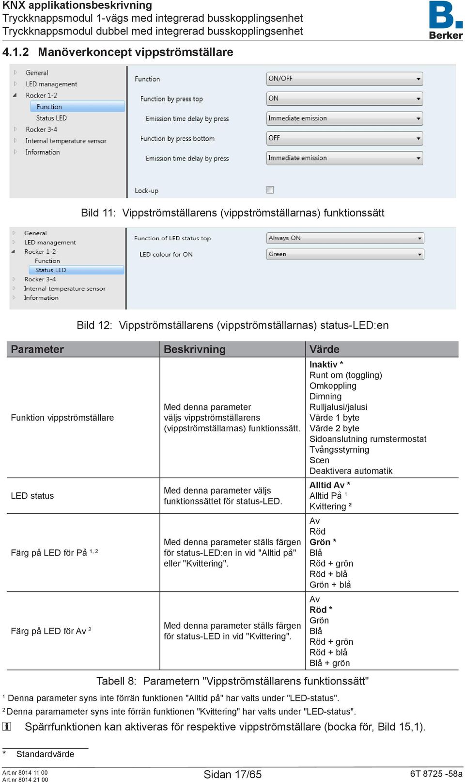 Med denna parameter väljs funktionssättet för status-led. Med denna parameter ställs färgen för status-led:en in vid "Alltid på" eller "Kvittering".