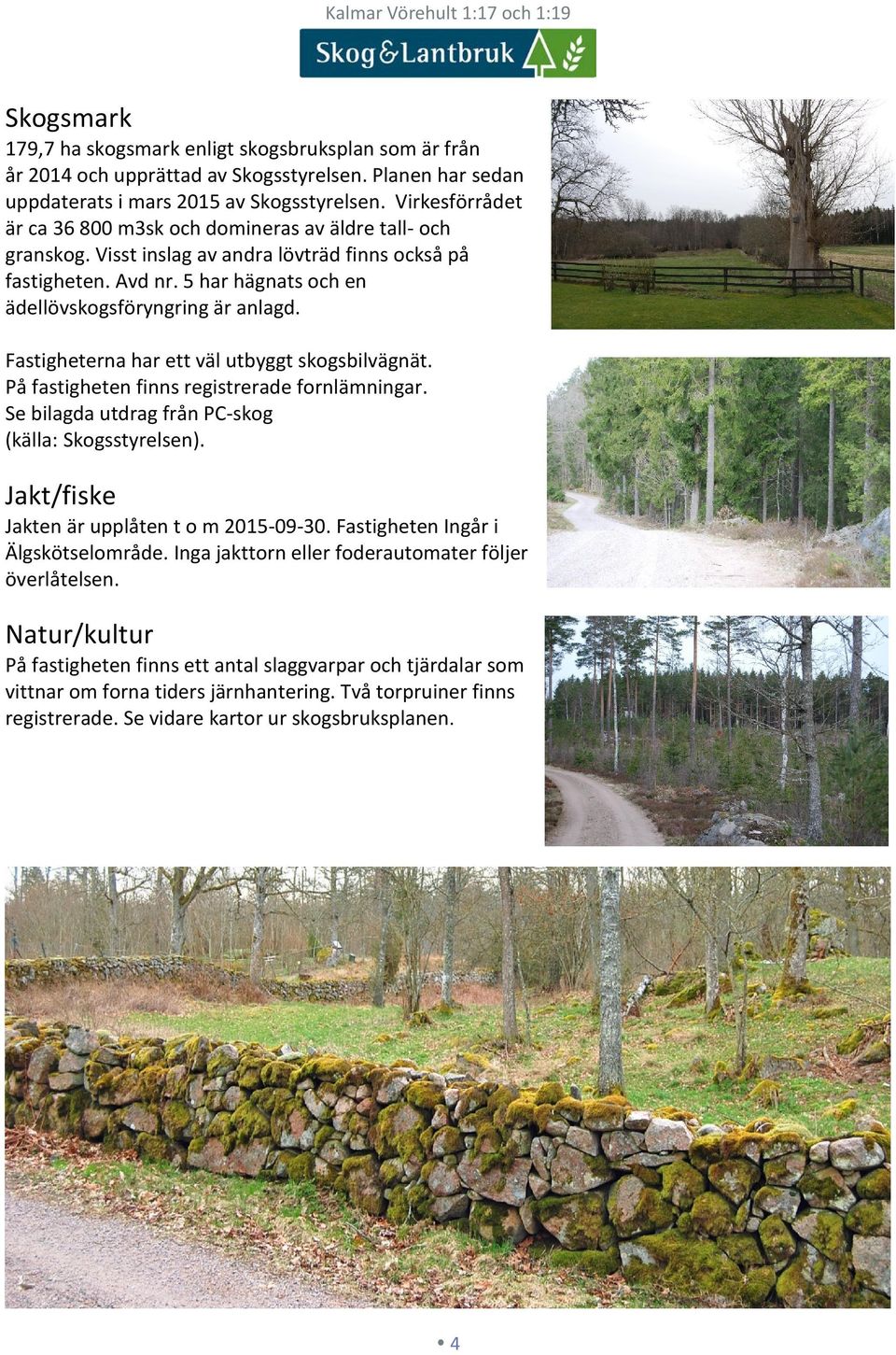 Fastigheterna har ett väl utbyggt skogsbilvägnät. På fastigheten finns registrerade fornlämningar. Se bilagda utdrag från PC-skog (källa: Skogsstyrelsen).
